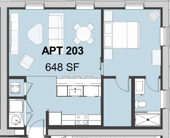 Floor plan for 1 bed, 1 bath, 648 sqft